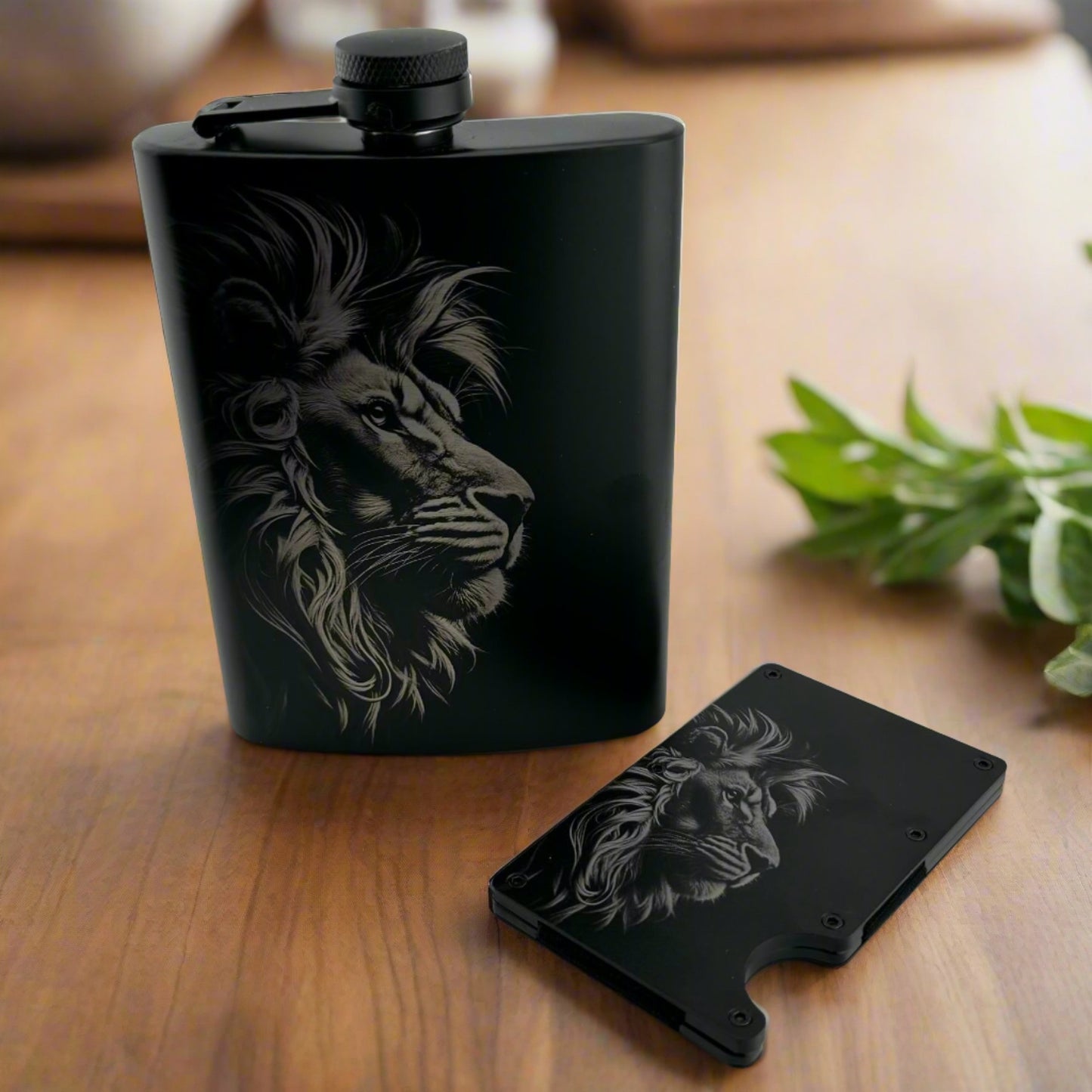 Lion Hip Flask and RFID Wallet Set