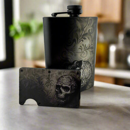 Skull Hip Flask and RFID Wallet Set