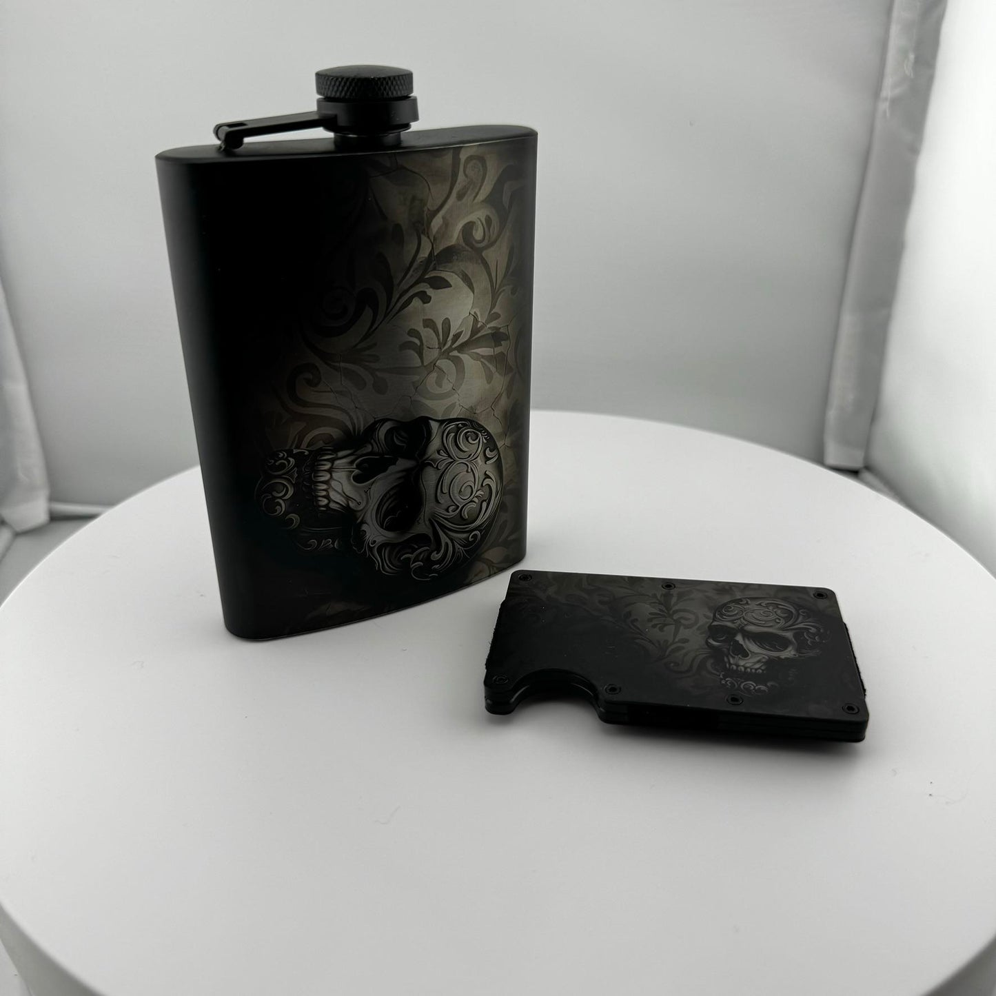 Skull Hip Flask and RFID Wallet Set